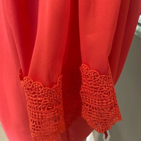 NEW Coral Pink Lace Trim Tie Front Top Blouse - Picture 8 of 15